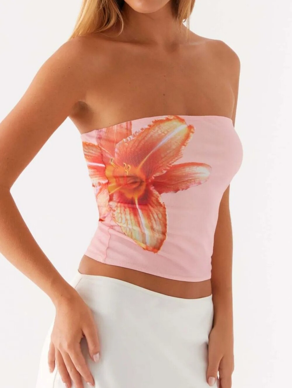 🌸Strapless Chic Boutique Pink & Orange Floral Print Tube Top